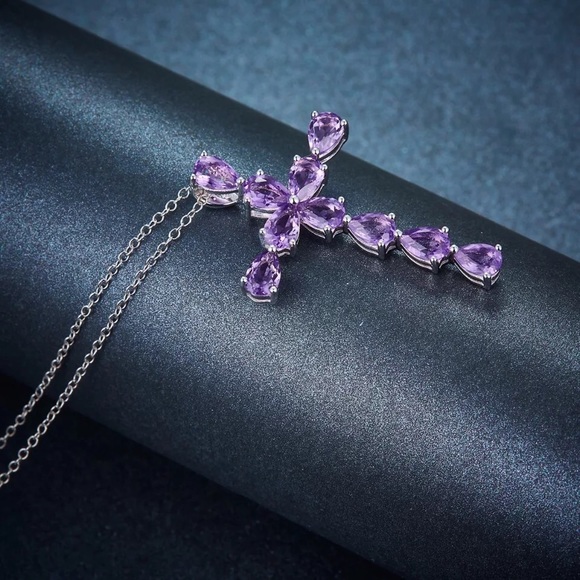 New Sterling Silver 925 Purple Crystal Rosary Cross Necklace - Picture 2 of 4